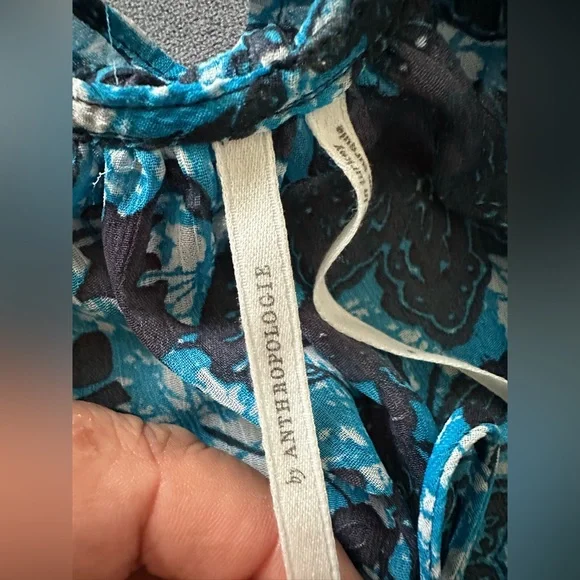 Anthropologie Chiffon Blouse Blue Floral Long Sleeve V-Neck size S - Picture 8 of 12